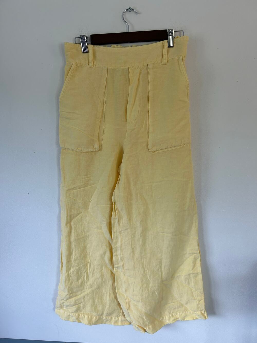 YFB yellow pants women size L butter yellow linen blend pull on wide leg cropped